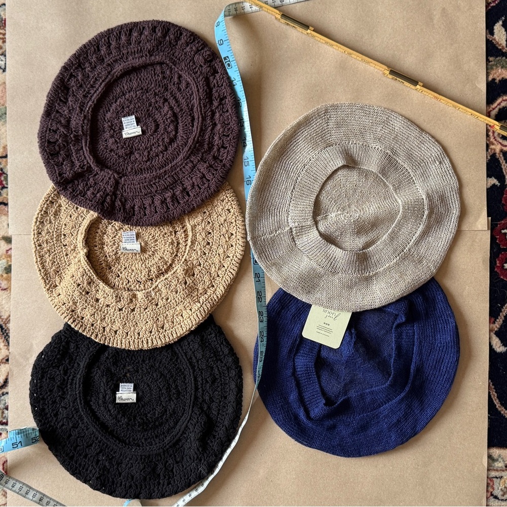 BERETS
3 Hand-Knitted Cotton - Brown, Tan, Black
2 Knitted Linen - Blue, Tan - Picture 2 of 16